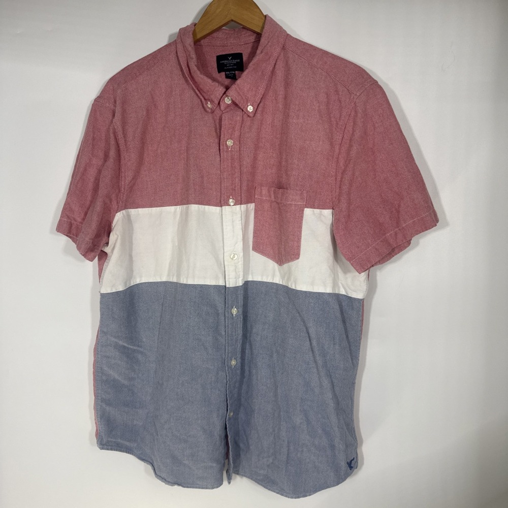American Eagle‎ Mens XXL Classic Fit Colorblock Short Sleeve Button Down Shirt